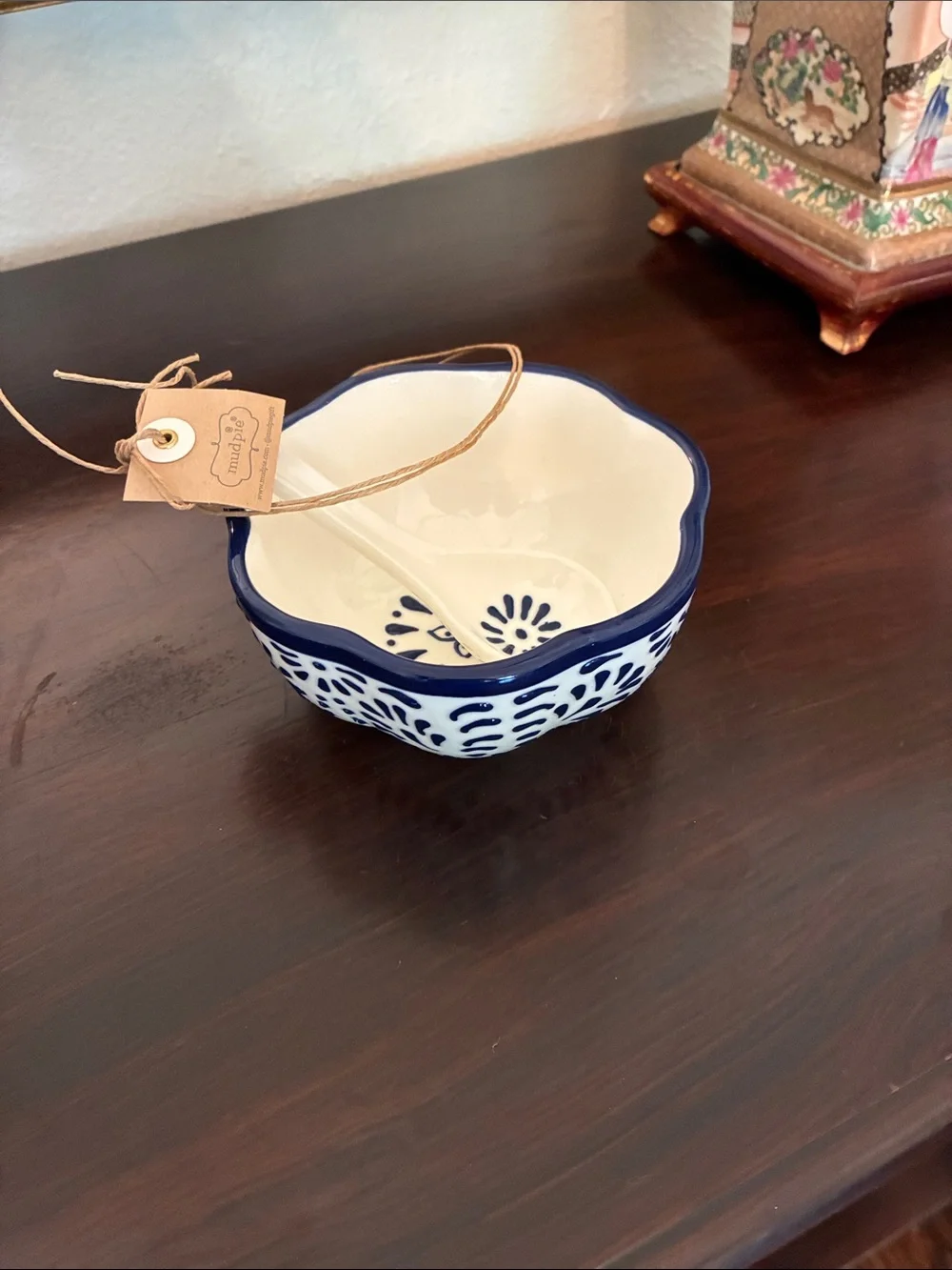 Mud Pie Blue and White Scalloped Ceramic Bowl with matching spoon